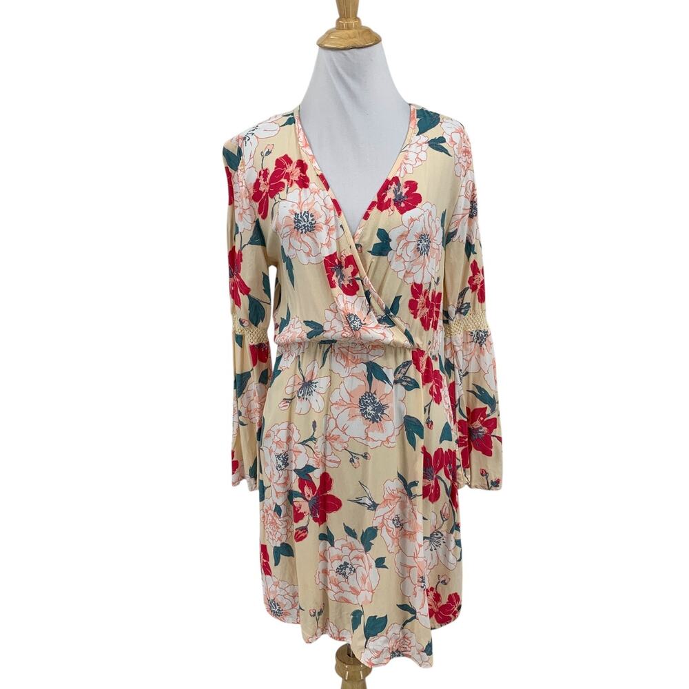 Roxy Dress Womens S Small Ivory Floral Crochet‎ Split Sleeve V Neck Blouson